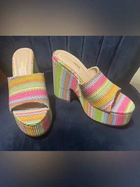 Fashion Nova Rainbow Striped Platform Slide Sandals